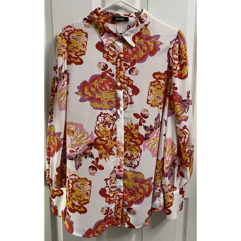 BTFBM Womens Floral Print Button Up Long Sleeve Blouse White/Red/Orange XL